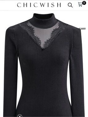 Chicwish Black Lace-Inset Turtleneck Long Sleeve Top